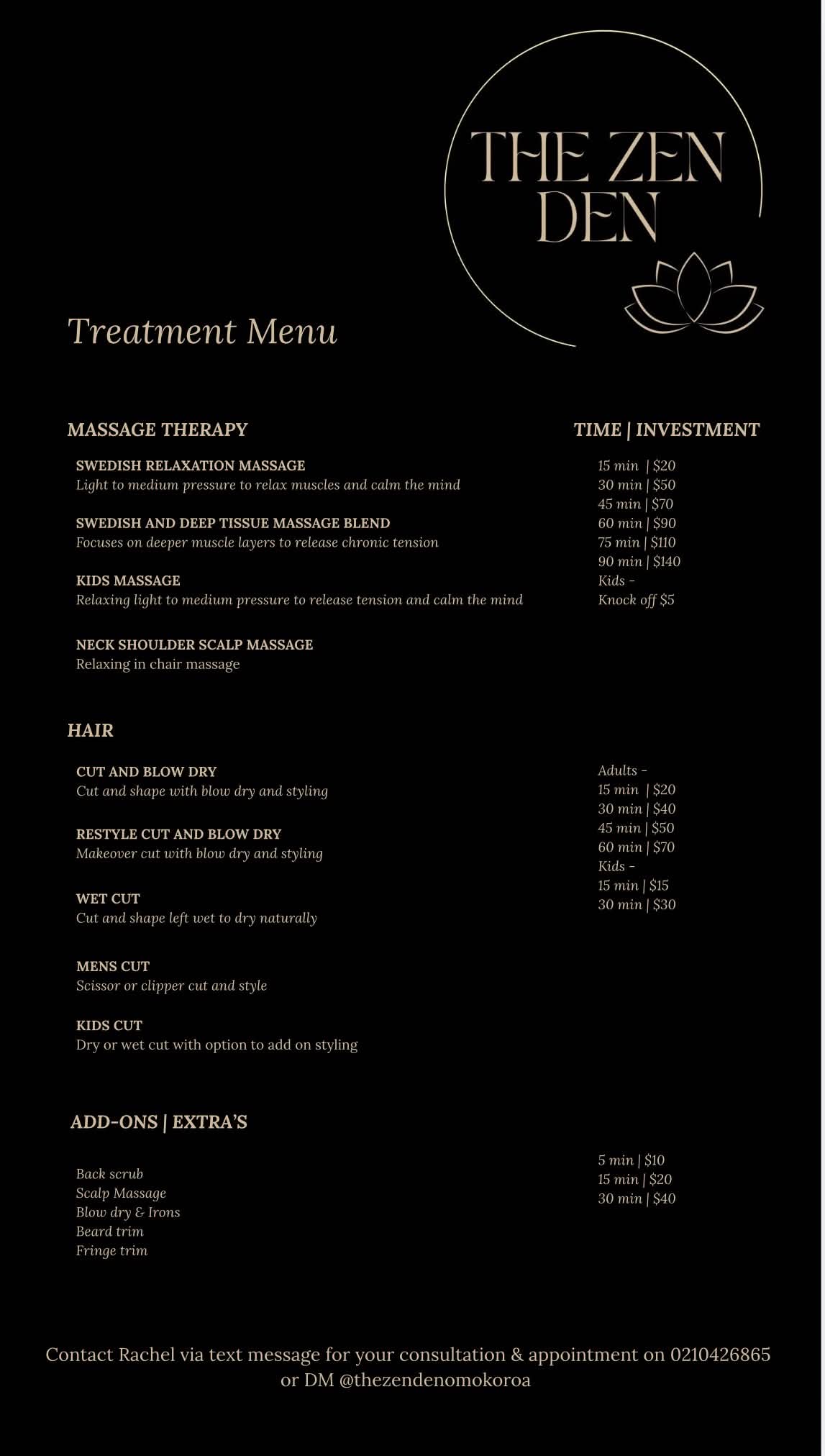 The Zen Den printed treatment menu