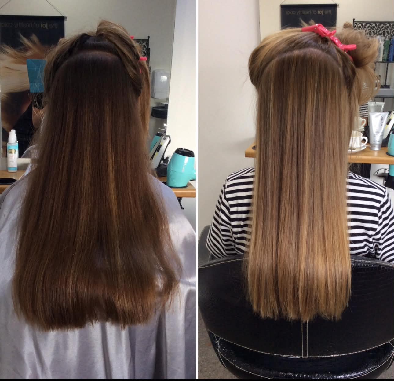 Before and after — long sleek lighter blonde